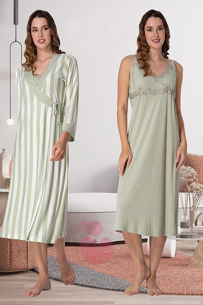 Pelin Women's Green Patterned Maternity Nightgown-Morning Dress Set