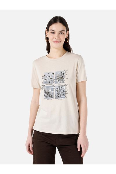 Colin's Tricou cu mânecă scurtă pentru femei, cu decolteu normal, cu imprimeu, bej Cl 1067941