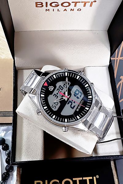 Bigotti Men's Silver Color Waterproof Wristwatch - 5 Atm, Steel Band + Gift Bracelet Bme2021C3