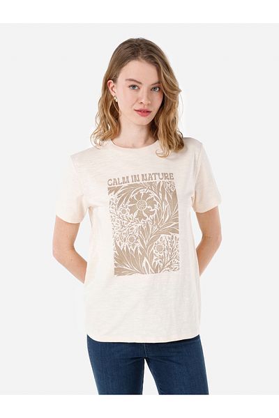 Colin's Regular Fit Round Neck Women's Ecru Short Sleeve T-Shirt