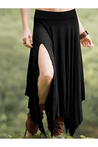 GARDIROZA Black Asymmetrical Long Skirt - Casual Comfortable Design, Slit