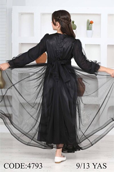 DUBAİ ÇOCUK Önden Toka Kemer Detaylı Uzun Kollu Tüllü Boydan Kız Çocuk Abiye Elbise