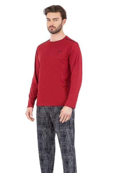 Pierre Cardin 6065 Ανδρικό σετ πιτζάμες με μακρυμάνικο μπορντό με στρογγυλή λ...