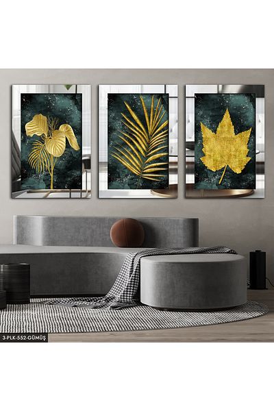 Evinemoda Pictură în oglindă pe plexiglas, 3 bucăți, argintiu, frunze de flori
