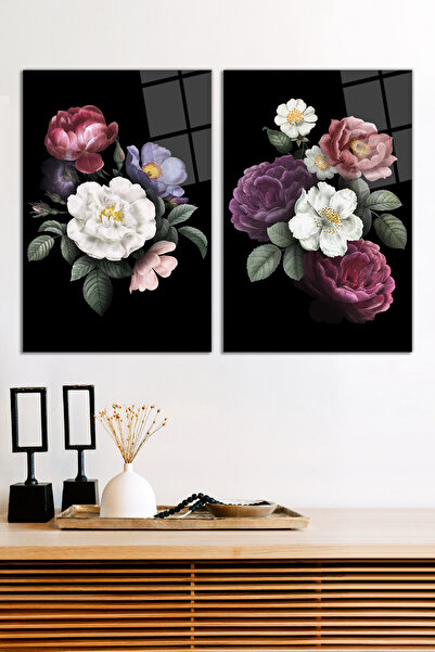 Colorful Flowers 2-Piece Glass Table Set in Black Background, Modern Home Office Decor, Gift Wall Decoration
