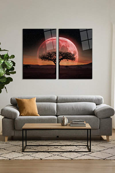 Vosevu Kızıl Gökyüzü Dolunay ve Ağaç 2'li Cam Tablo Seti, Modern Ev Ofis Dekor Hediyelik Duvar Dekorasyonu