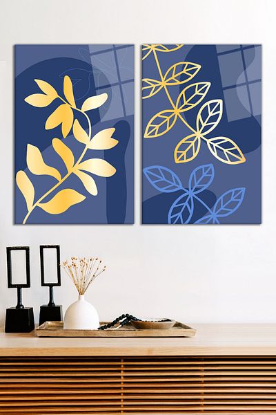 Vosevu Set de 2 picturi din sticlă cu frunze de aur cu tematică albastră, decorațiuni moderne pentru casă și birou, cadou pentru decorarea peretelui