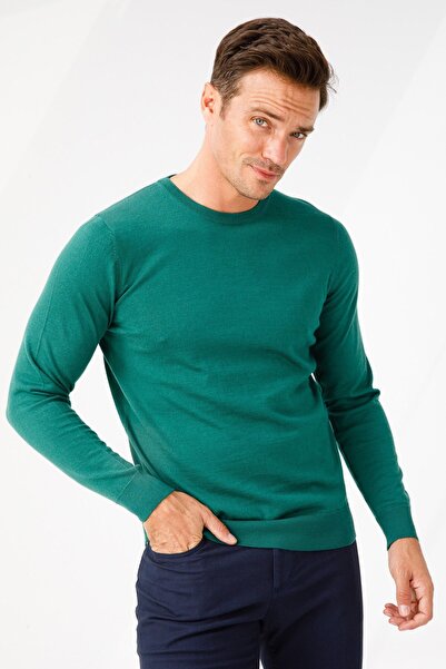 Desen Triko Ανδρικό πλεκτό πουλόβερ με λαιμόκοψη Basic Duck Green
