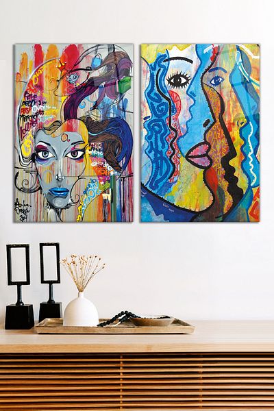 Vosevu Abstract Woman Grafitti Art Set of 2 Glass Paintings, Modern Home Office Decor, Gift Wall Decoration