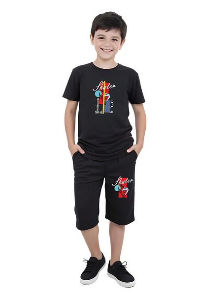 panios kids 3-Piece Never-Skater-Football Printed Boys' Short Sleeve Double Pocket Capri Bottom-Top Suit