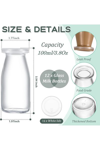 Home Zone 12 Pack Glass Bottles with Lids Clear Glass Milk Bottle (3.38 oz)100ML