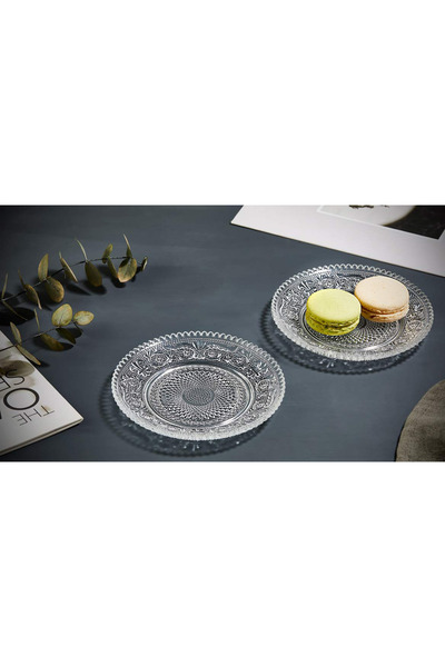 Glassco Garden 12'li Cam Pasta Tabağı 14 Cm Desenli Yuvarlak Cam Tatlı Pasta ...