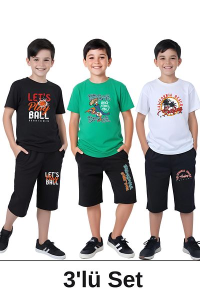 panios kids طقم كابري للأولاد مطبوع عليه California-Break-Let's مكون من 3 قطع بأكمام قصيرة وجيب مزدوج
