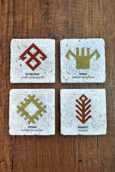 Natural Stone Coaster Set of 4 10x10x1 cm Anatolian Motifs Stone Coasters