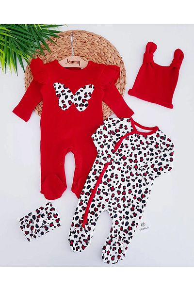 Jammybaby Leopard Butterfly Baby Girl 100% Cotton Seasonal 2 Jumpsuit Hat/Bandana 4-Piece Combination Set Newborn Set