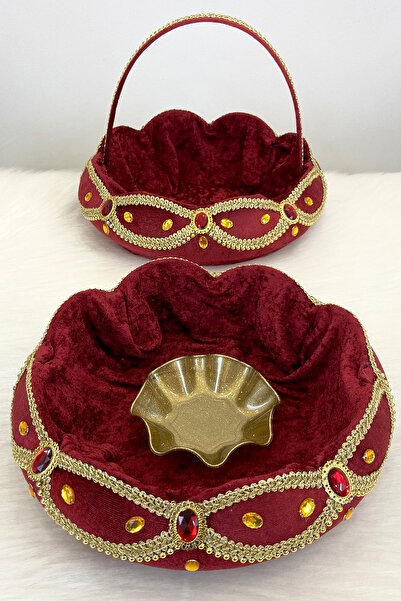 ZEYMERADE سلة صينية ليلية مزينة بحجر مخملي لامع باللون العنابي لفريق العروس، ...