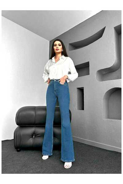 LİMABEL All Star Ispanyol Jeans Ispanyol Kot Yüksek Bel Solmaz Orta Mavi Ispanyol Kot Pantolon (EXTRA RAHAT)