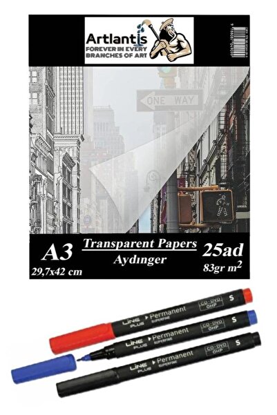 Artlantis Aydınger Kağıdı A3 83 gr 25'li 1 Paket Eskiz Kağıdı Lineplus Asetat Kalemi S 0.3 Siyah Kırmızı Mavi