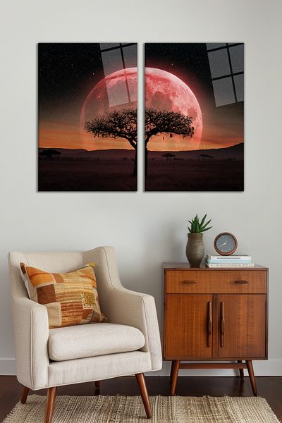 Vosevu Red Sky Full Moon and Tree Set of 2 Glass Painting Set, Modern Home Office Decor Gift Wall Decoration