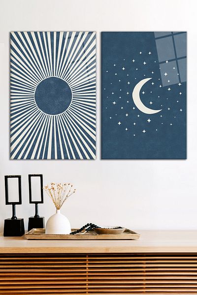 Vosevu Set de pictură din sticlă din 2 piese Blue Bohemian Sun and Moon, decor modern pentru casă și birou, decorare de perete cadou