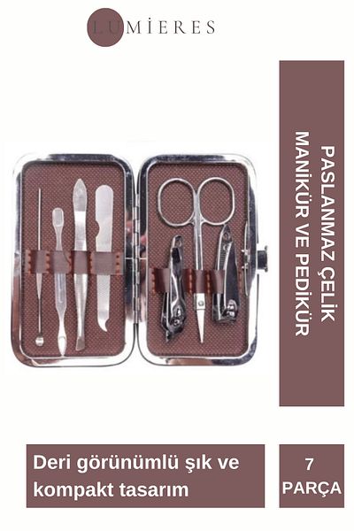 Lumieres Special Series Long-Lasting Durable Leather Look 7-Piece Stainless Steel Manicure Pedicure Set