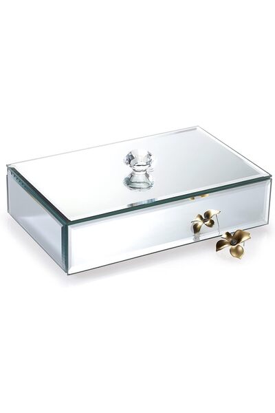 Home Zone صندوق مجوهرات مع سطح زجاجي عاكس ومقبض كريستالي لتخزين الحلي (متوسط)