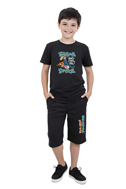 panios kids 3'lü California-Break-Let's Baskılı Erkek Çocuk Kısa Kollu Çift Cepli Kapri Alt-Üst Takım