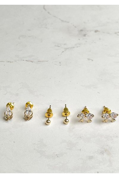 Modex Gold Color Bow Detailed Multiple Earrings Set