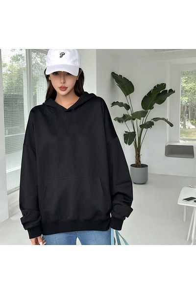 DEEPSENCE Unisex Black Basic Hooded Oversize Sweatshirt