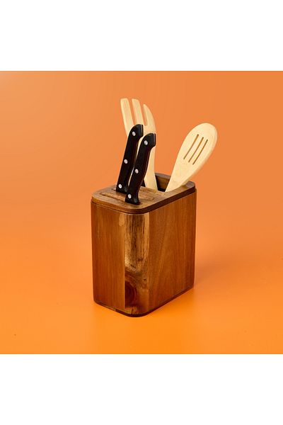 AROW Acacia Cutlery and Knife Holder - Brown - 15X10X17 cm