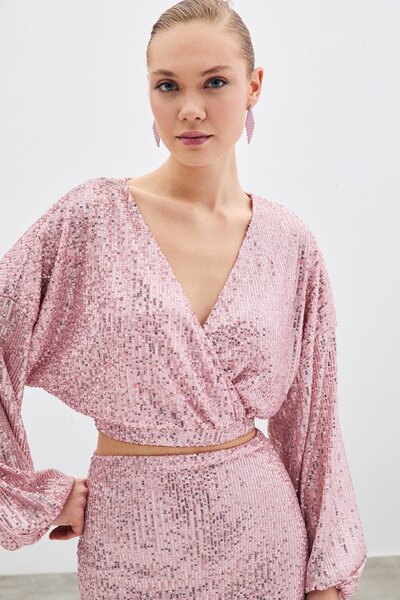 Sateen Μπλούζα με παγιέτες διπλό στήθος - πούδρα