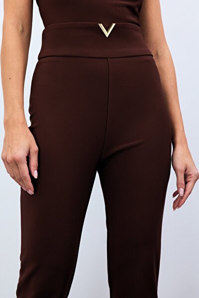 Sateen Bel Aksesuarlı Pantolon - Kahve