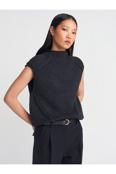 Dilvin 10669 Mink Knitwear Sweater - Stand Collar and Knit Detail