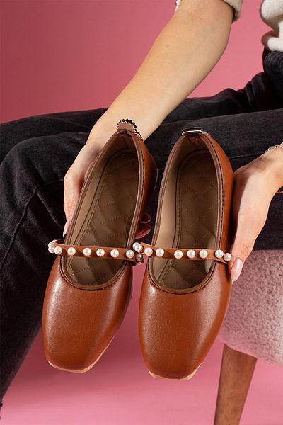FUGA MODA Perly Tan Leather Ballerinas with Pearl Tape Accessories