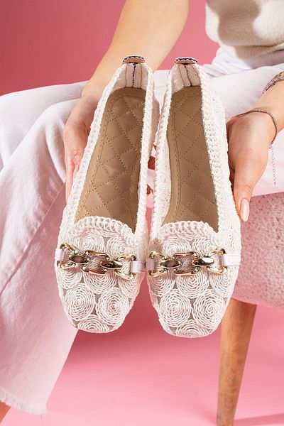 FUGA MODA Balerini Marsa White Circle cu centură de perle brodate