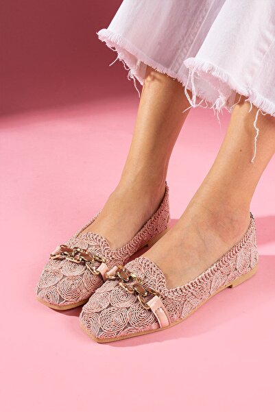 FUGA MODA Marsa Pudra Circle Κεντημένες μπαλαρίνες με μαργαριταρένια ζώνη