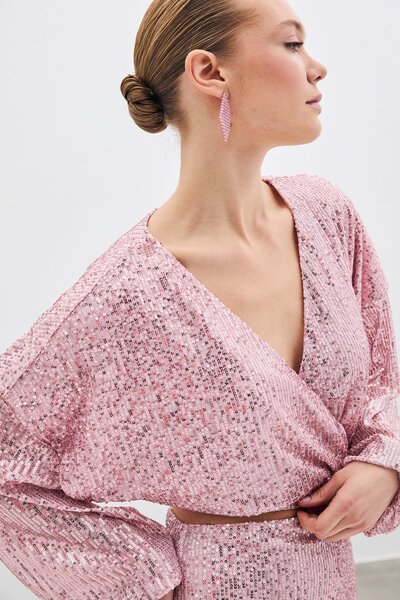 Sateen Μπλούζα με παγιέτες διπλό στήθος - πούδρα