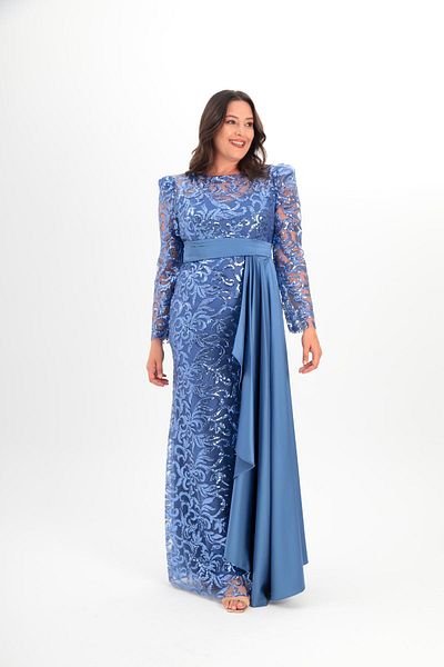 Aperla Rochie de seară lungă, cu mâneci lungi, brodate cu paiete, cu decolteu