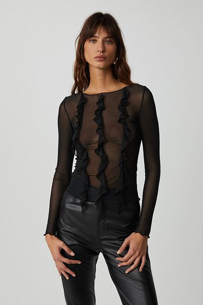 GRIMELANGE Alıyah Women's Tulle Fabric Ruffled Sheer Body Wrap Black Blouse