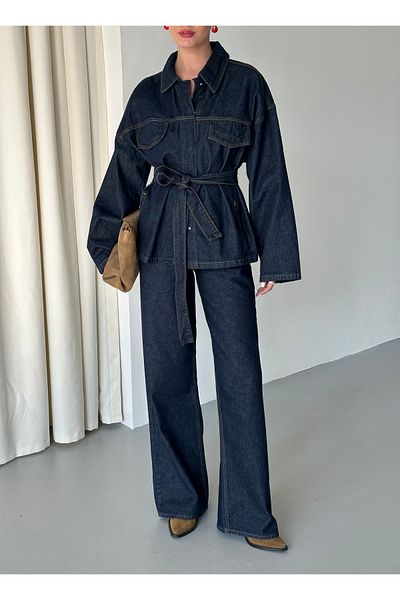 Laluvia Marineblaues Jeansjacken-Hosen-Set mit Schnürung 240274 /275