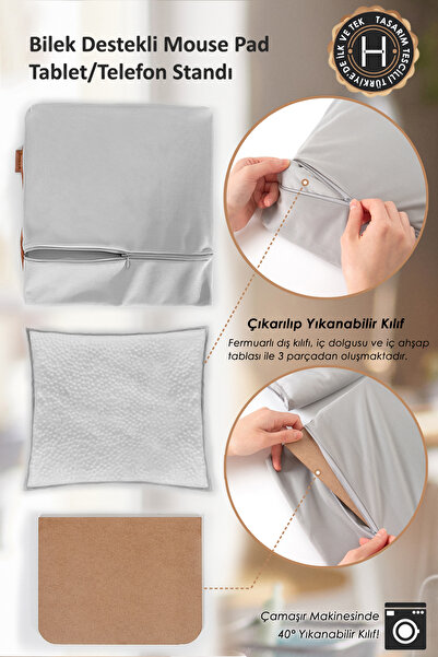 HAMUR Mousepad Wrist Support Pad/Cushion Tablet Phone Stand Washable Fabric Leather Detailed Gray