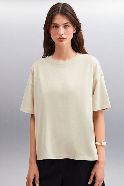 GRIMELANGE Jemmy Damen – Beige Basic Single Jersey gewebtes T-Shirt aus 100 % Bio-Baumwolle