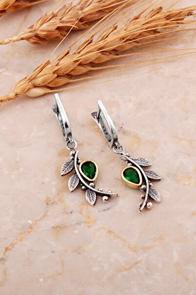 Sümer Telkari Kök Zümrüt Taşlı Yapraklı Dövme Elişi Gümüş Küpe 7218