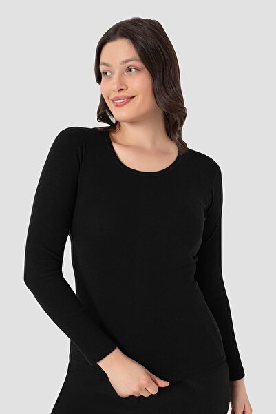 Arma Yıldız 2 Pcs Women's Black T-Shirt Crew Neck Long Sleeve Undershirt Badi 100% Cotton Rib