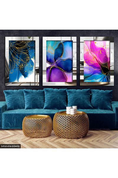 Evinemoda Flori colorate Aur sclipici Cadru argintiu 3 piese Tablou cu oglindă din plexiglas