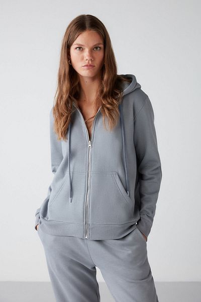 GRIMELANGE Hanorac pentru femei Carlota, fleece, țesătură organică, cu fermoar metalic, albastru moale