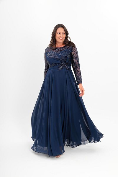 Aperla Sequin Embroidered Princess Skirt Motif Long Sleeve Plus Size Stylish Evening Dress