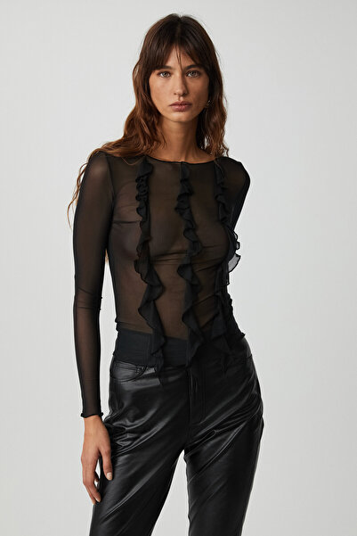 GRIMELANGE Alıyah Women's Tulle Fabric Ruffled Sheer Body Wrap Black Blouse