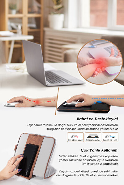 HAMUR Mousepad Wrist Support Pad/Cushion Tablet Phone Stand Washable Fabric Leather Detailed Gray