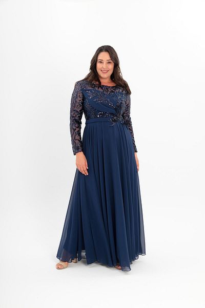 Aperla Sequin Embroidered Princess Skirt Motif Long Sleeve Plus Size Stylish Evening Dress